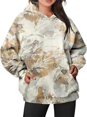 Camo Hoodie Womens Trendy Oversized Hooded Sweatshirt Maple Leaf Print Color Block Pullover Sweatshirts