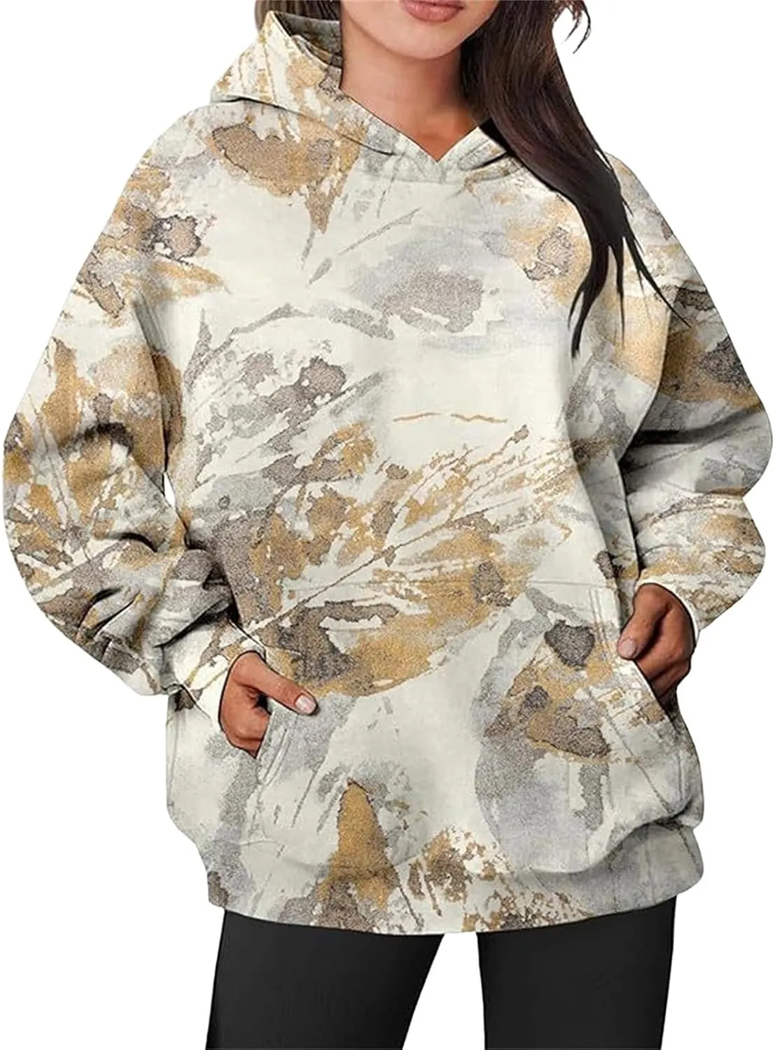 Camo Hoodie Womens Trendy Oversized Hooded Sweatshirt Maple Leaf Print Color Block Pullover Sweatshirts