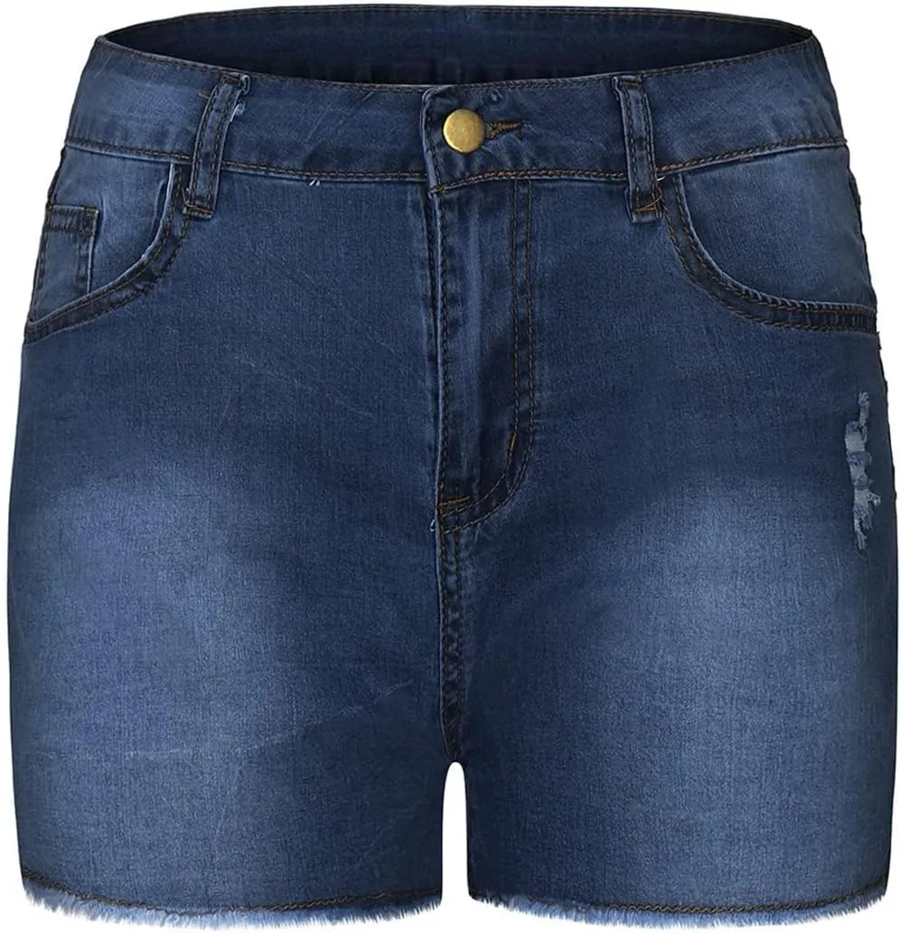 Canbebig Jean Shorts Womens High Waisted Stretchy Denim Shorts Distressed Frayed Raw Hem Jeans Casual Summer Shorts Pockets
