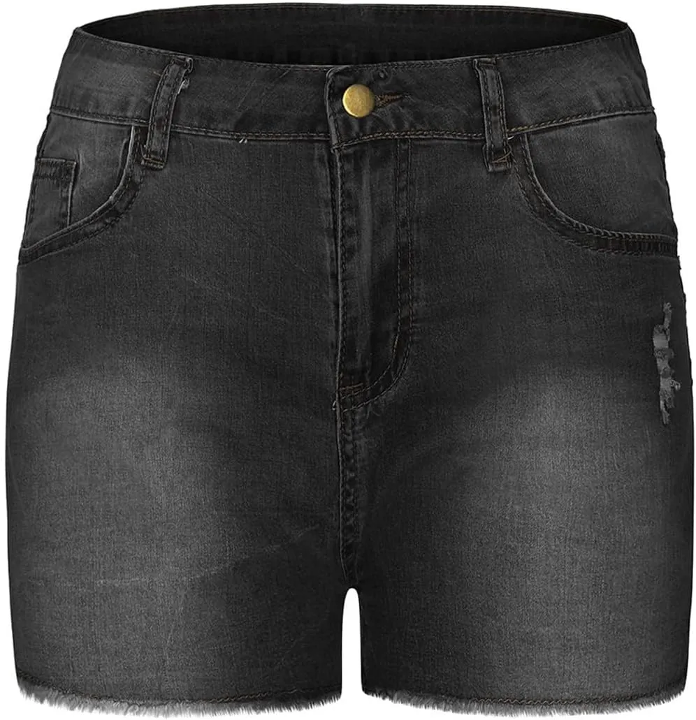 Canbebig Jean Shorts Womens High Waisted Stretchy Denim Shorts Distressed Frayed Raw Hem Jeans Casual Summer Shorts Pockets