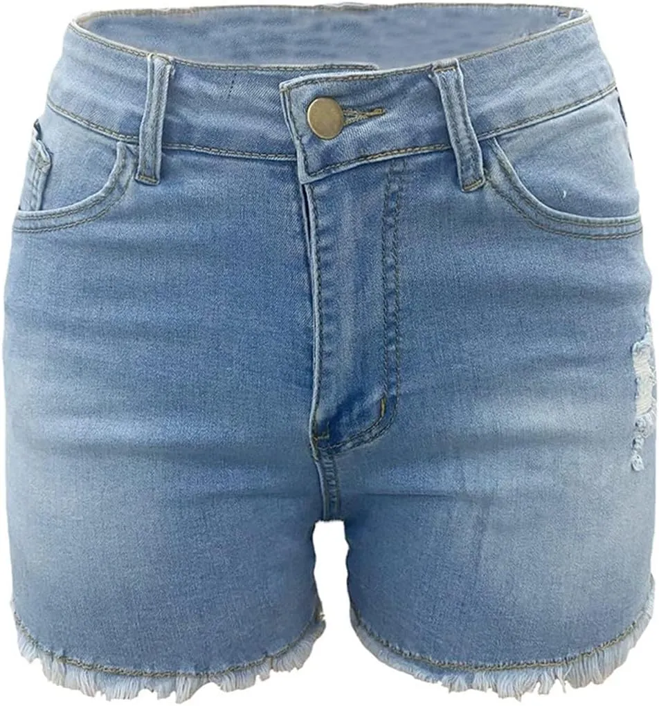 Canbebig Jean Shorts Womens High Waisted Stretchy Denim Shorts Distressed Frayed Raw Hem Jeans Casual Summer Shorts Pockets