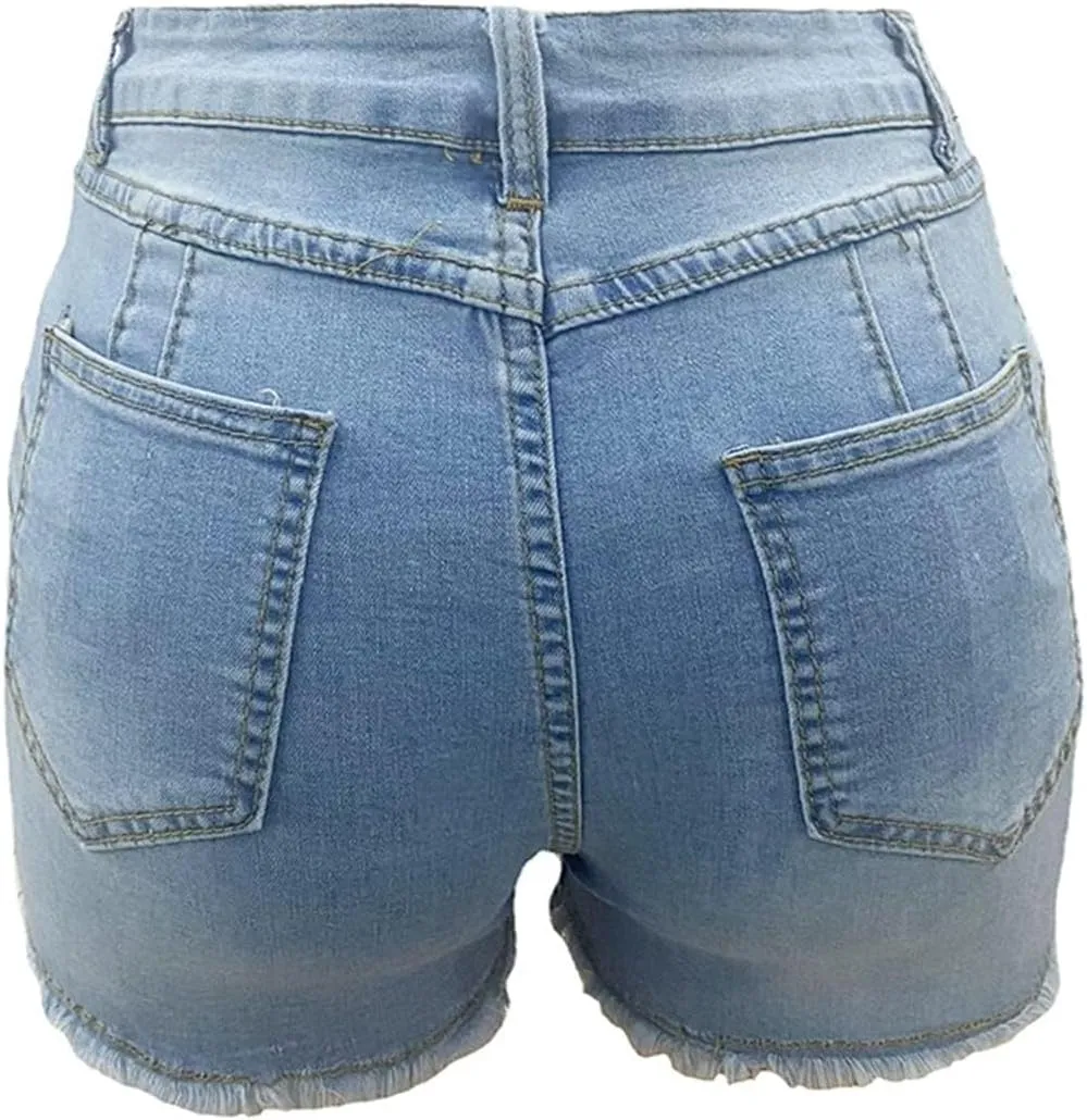 Canbebig Jean Shorts Womens High Waisted Stretchy Denim Shorts Distressed Frayed Raw Hem Jeans Casual Summer Shorts Pockets