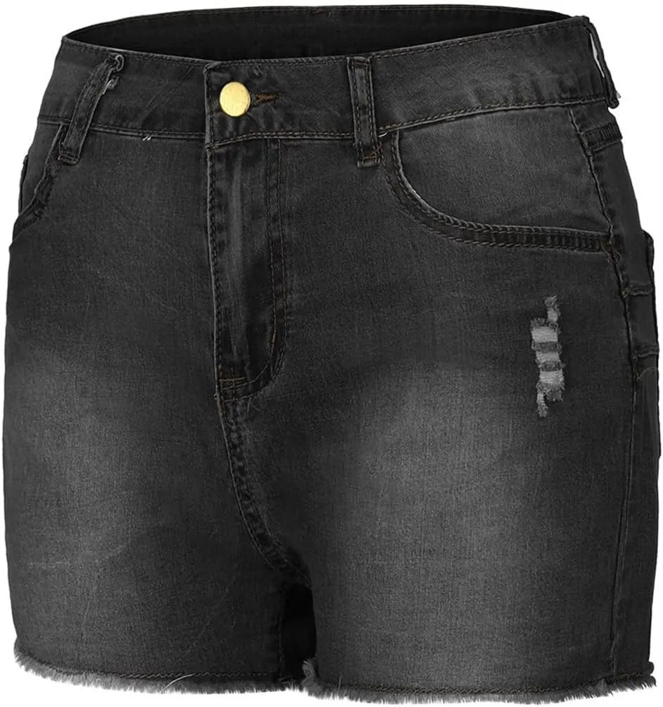 Canbebig Jean Shorts Womens High Waisted Stretchy Denim Shorts Distressed Frayed Raw Hem Jeans Casual Summer Shorts Pockets