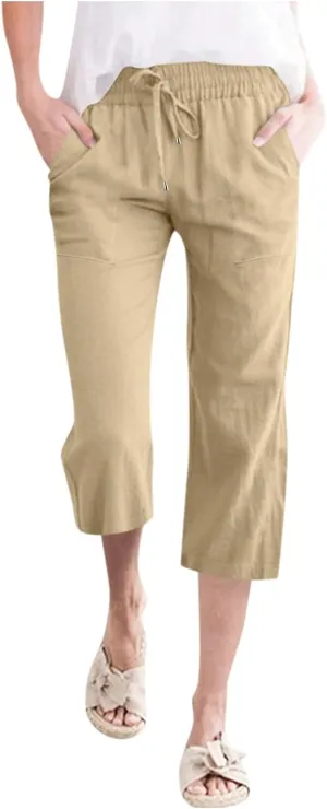 Capri Pants For Women Stretch Pull On 2024 Drawstring Elastic High Waist Linen Pants Straight Leg Cropped Trousers