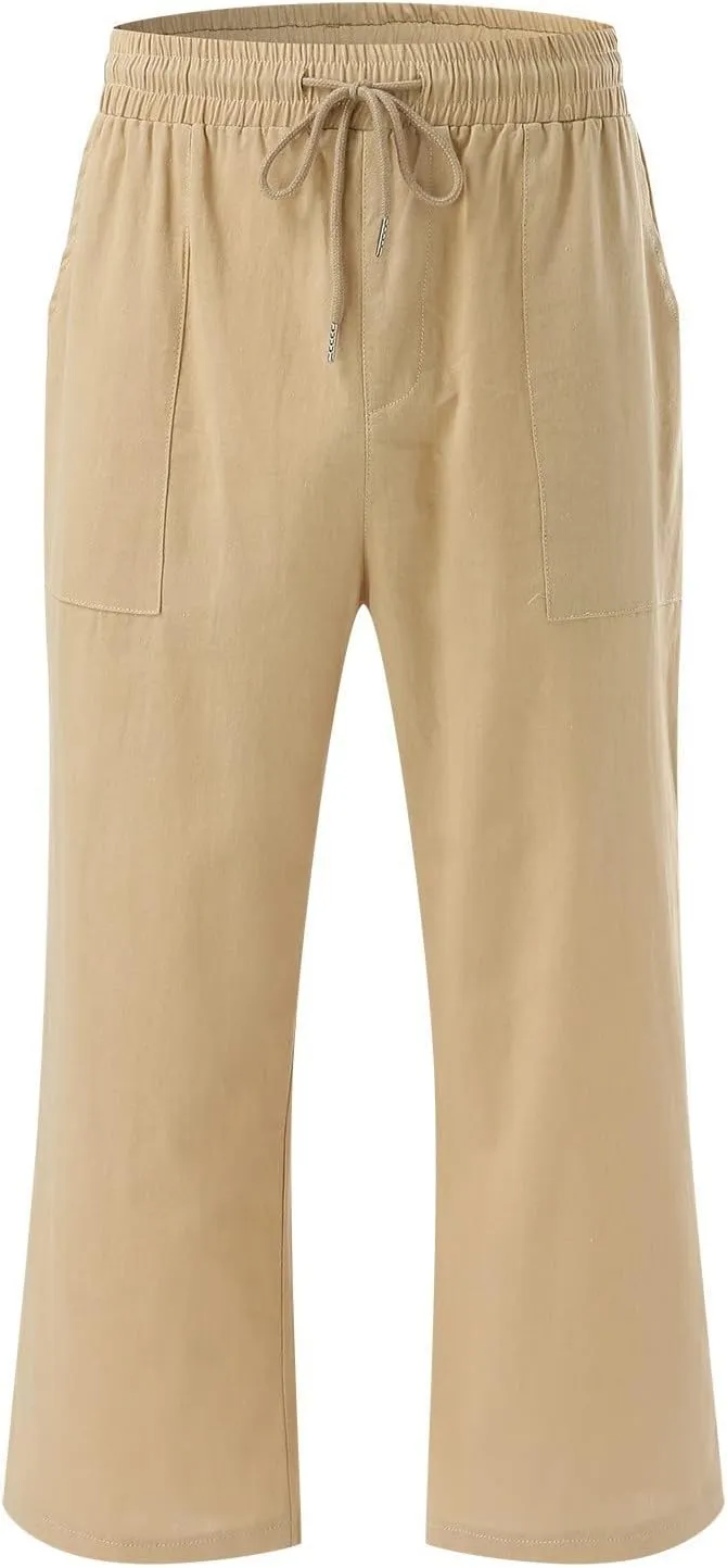 Capri Pants For Women Stretch Pull On 2024 Drawstring Elastic High Waist Linen Pants Straight Leg Cropped Trousers
