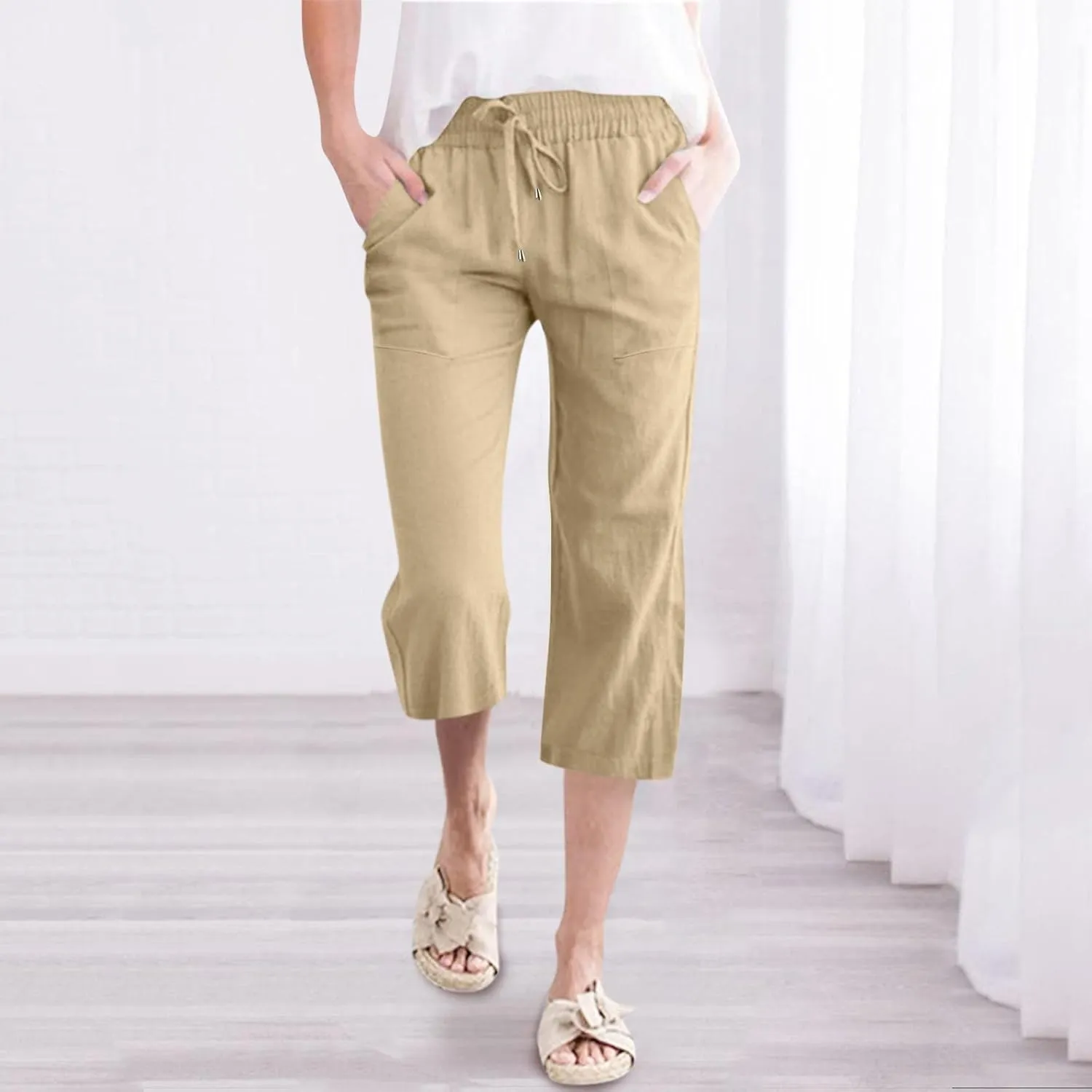 Capri Pants For Women Stretch Pull On 2024 Drawstring Elastic High Waist Linen Pants Straight Leg Cropped Trousers