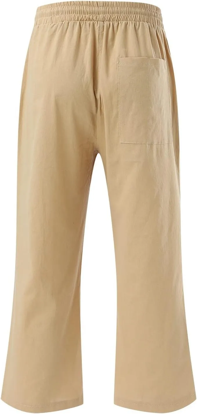 Capri Pants For Women Stretch Pull On 2024 Drawstring Elastic High Waist Linen Pants Straight Leg Cropped Trousers