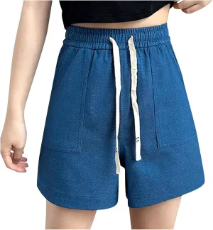 Casual Linen Shorts for Women High Elastic Waisted Shorts Summer Pull On Drawstring Short Beach Loose Fit Shorts