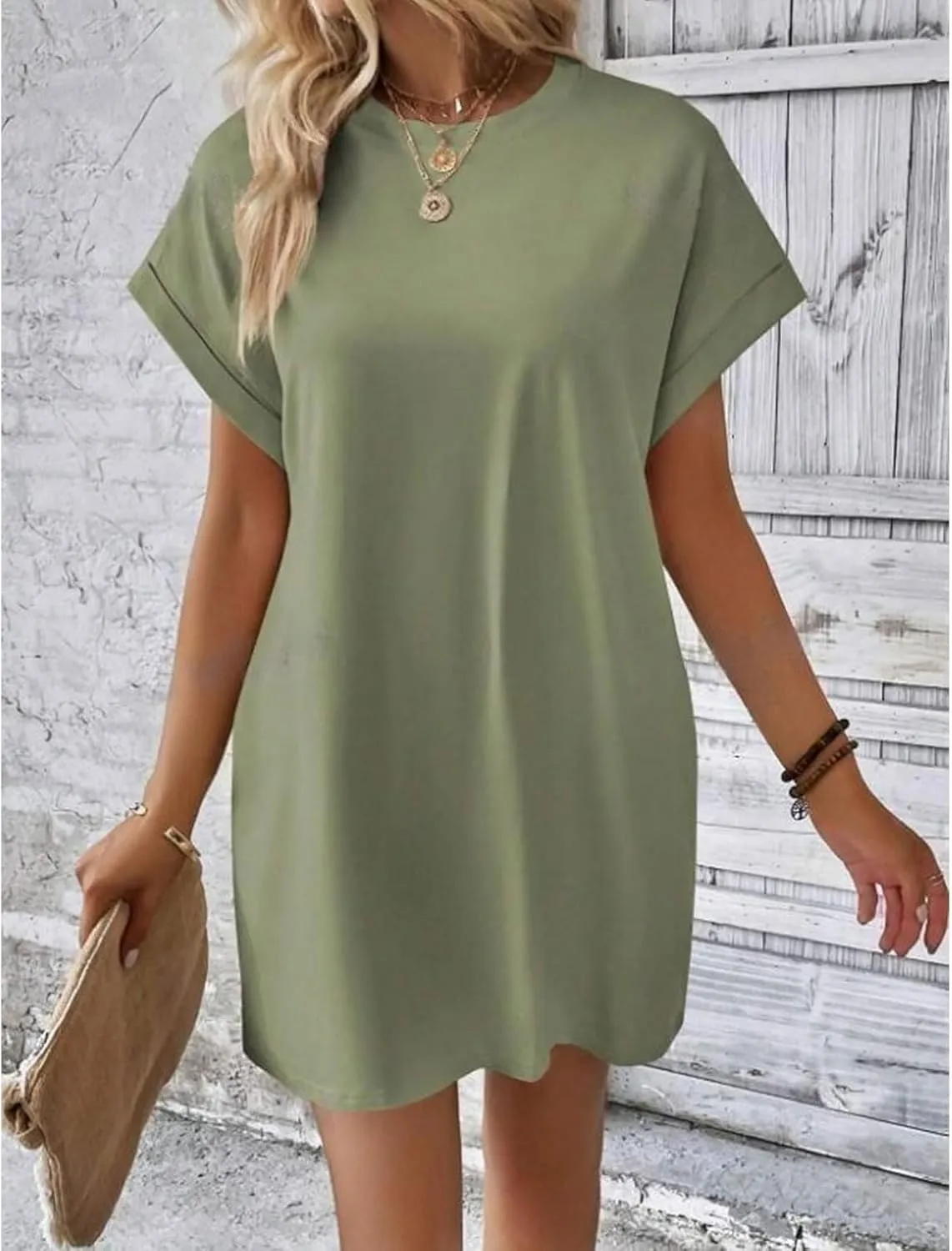 Casual Mini Dresses for Women Summer Crewneck Short Sleeve Dress Loose Fit Solid Color Beach Sundress with Pockets