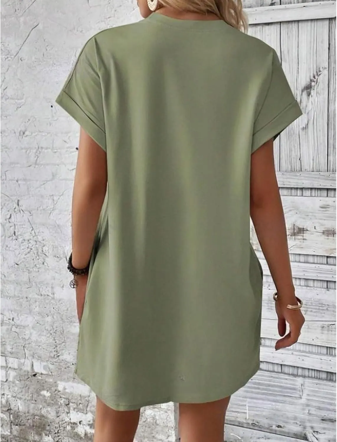 Casual Mini Dresses for Women Summer Crewneck Short Sleeve Dress Loose Fit Solid Color Beach Sundress with Pockets