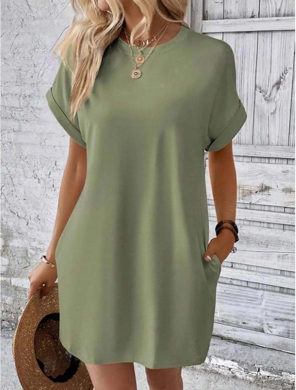 Casual Mini Dresses for Women Summer Crewneck Short Sleeve Dress Loose Fit Solid Color Beach Sundress with Pockets