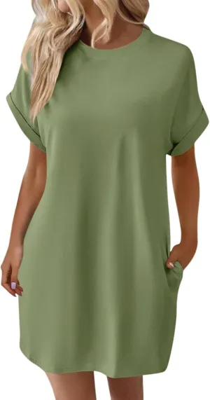 Casual Mini Dresses for Women Summer Crewneck Short Sleeve Dress Loose Fit Solid Color Beach Sundress with Pockets