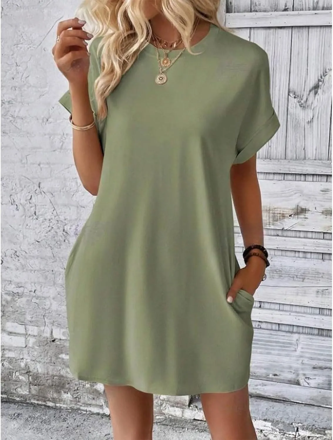 Casual Mini Dresses for Women Summer Crewneck Short Sleeve Dress Loose Fit Solid Color Beach Sundress with Pockets