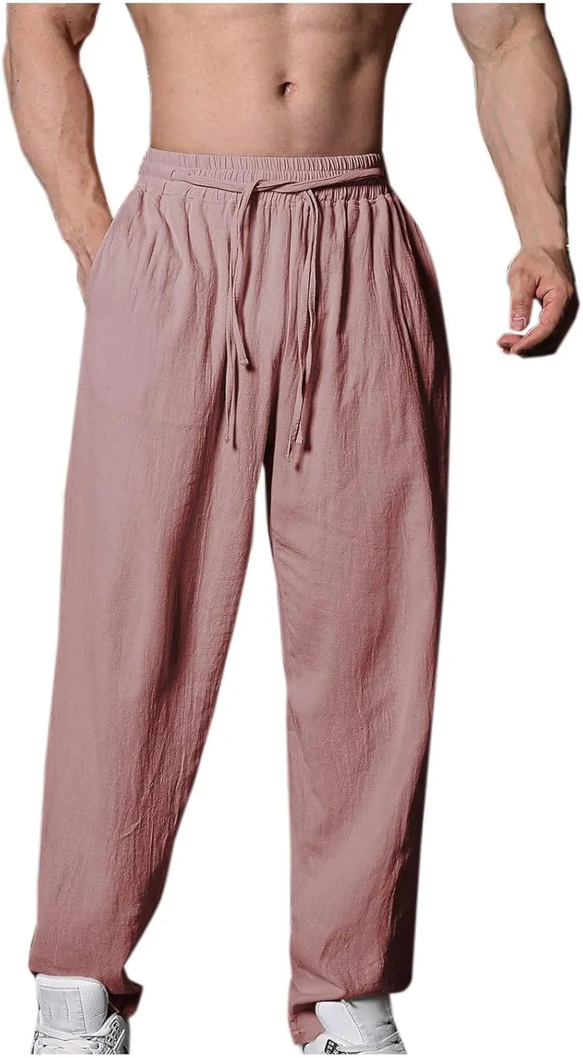 Casual Pants for Men Basic Drawstring Elastic Waist Trousers Fashion Lounge Summer Workout Lightweight Linen Clothes