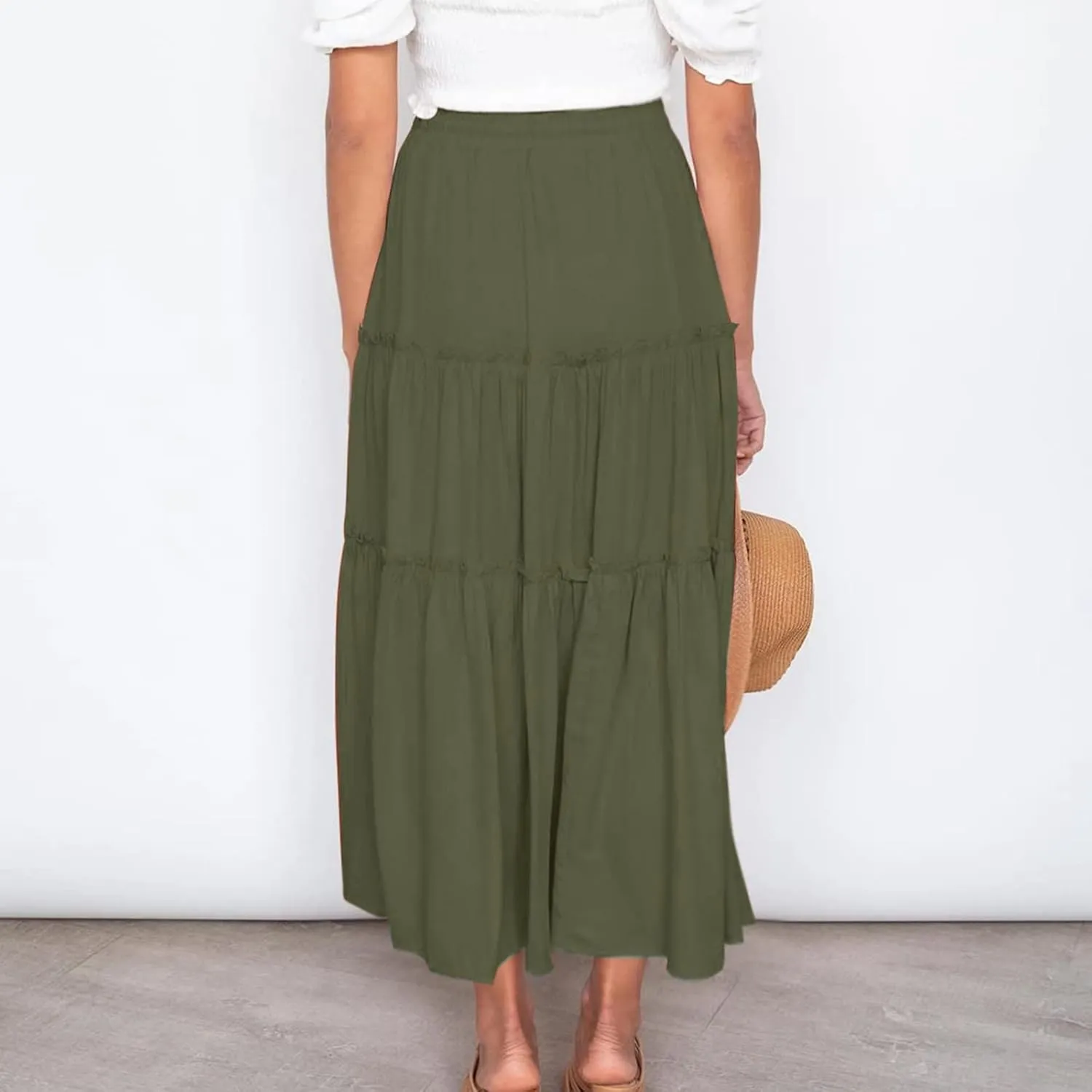 Casual Skirts for Women Midi Solid Ruffle Hem Elastic Band Skirt Pleated Going Out Elegant Skirts Versatile Style