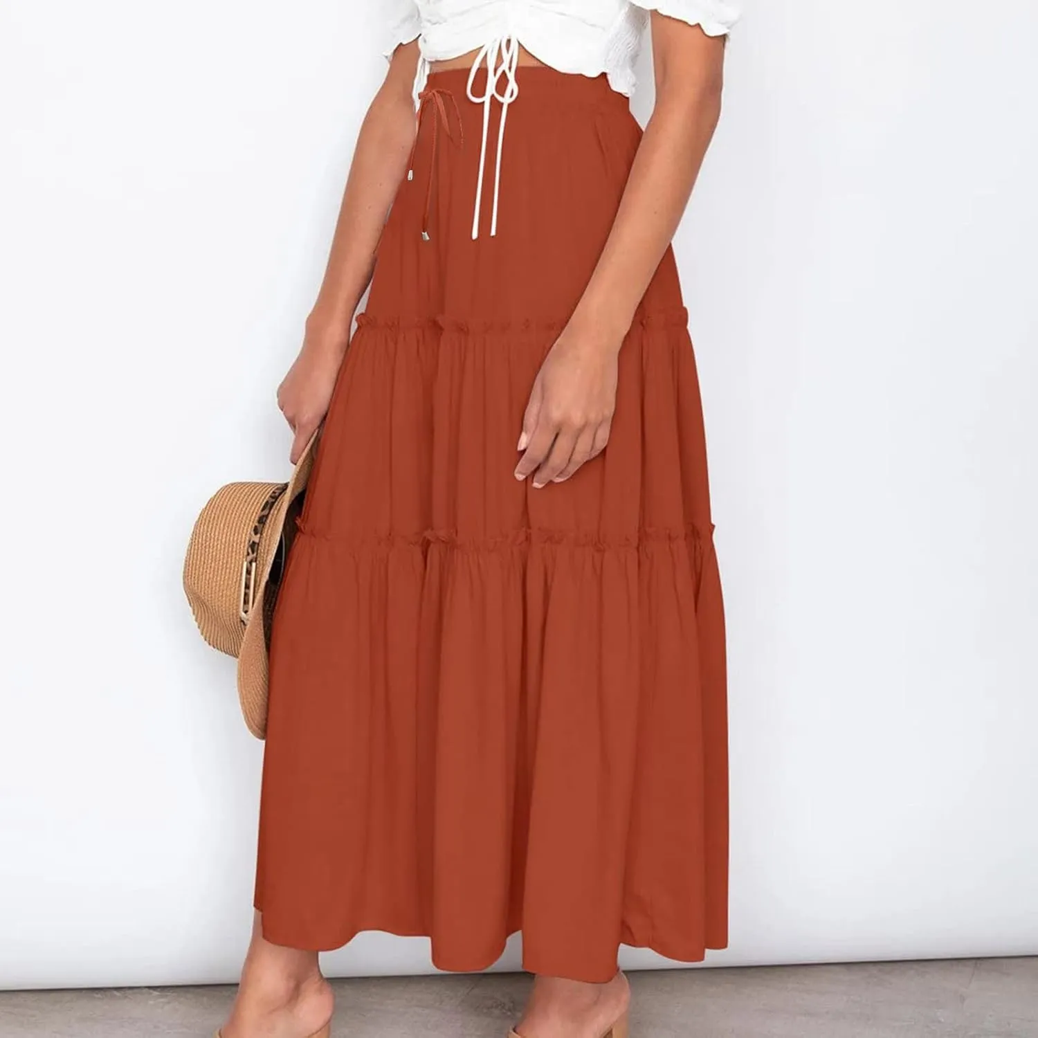 Casual Skirts for Women Midi Solid Ruffle Hem Elastic Band Skirt Pleated Going Out Elegant Skirts Versatile Style