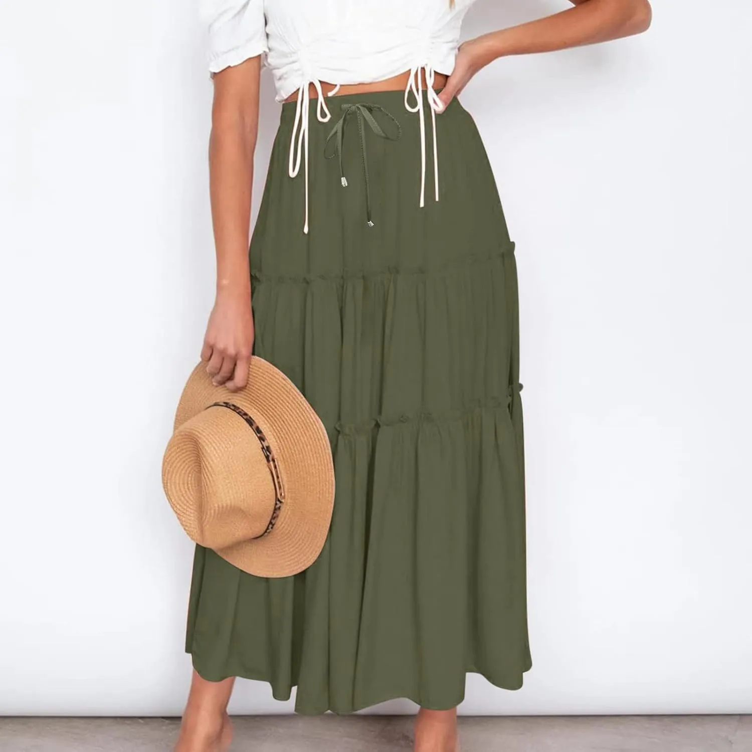 Casual Skirts for Women Midi Solid Ruffle Hem Elastic Band Skirt Pleated Going Out Elegant Skirts Versatile Style
