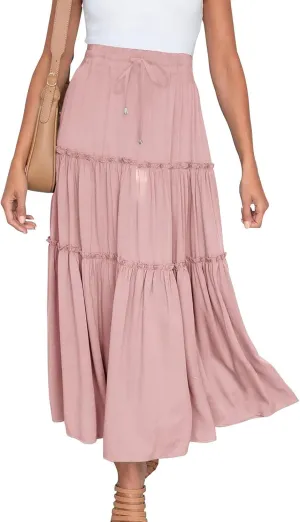 Casual Skirts for Women Midi Solid Ruffle Hem Elastic Band Skirt Pleated Going Out Elegant Skirts Versatile Style