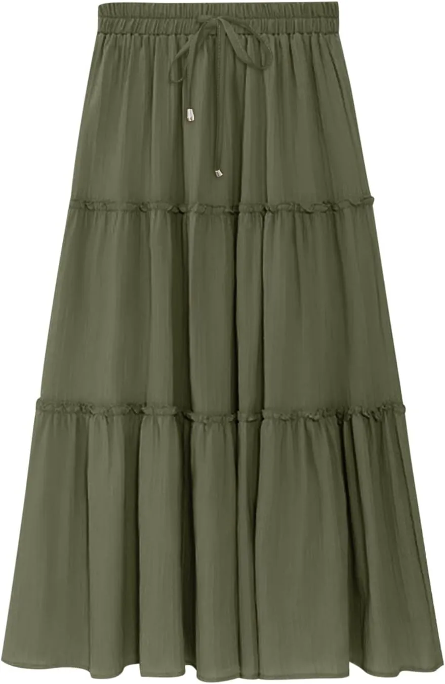 Casual Skirts for Women Midi Solid Ruffle Hem Elastic Band Skirt Pleated Going Out Elegant Skirts Versatile Style