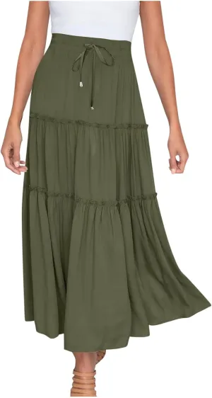 Casual Skirts for Women Midi Solid Ruffle Hem Elastic Band Skirt Pleated Going Out Elegant Skirts Versatile Style