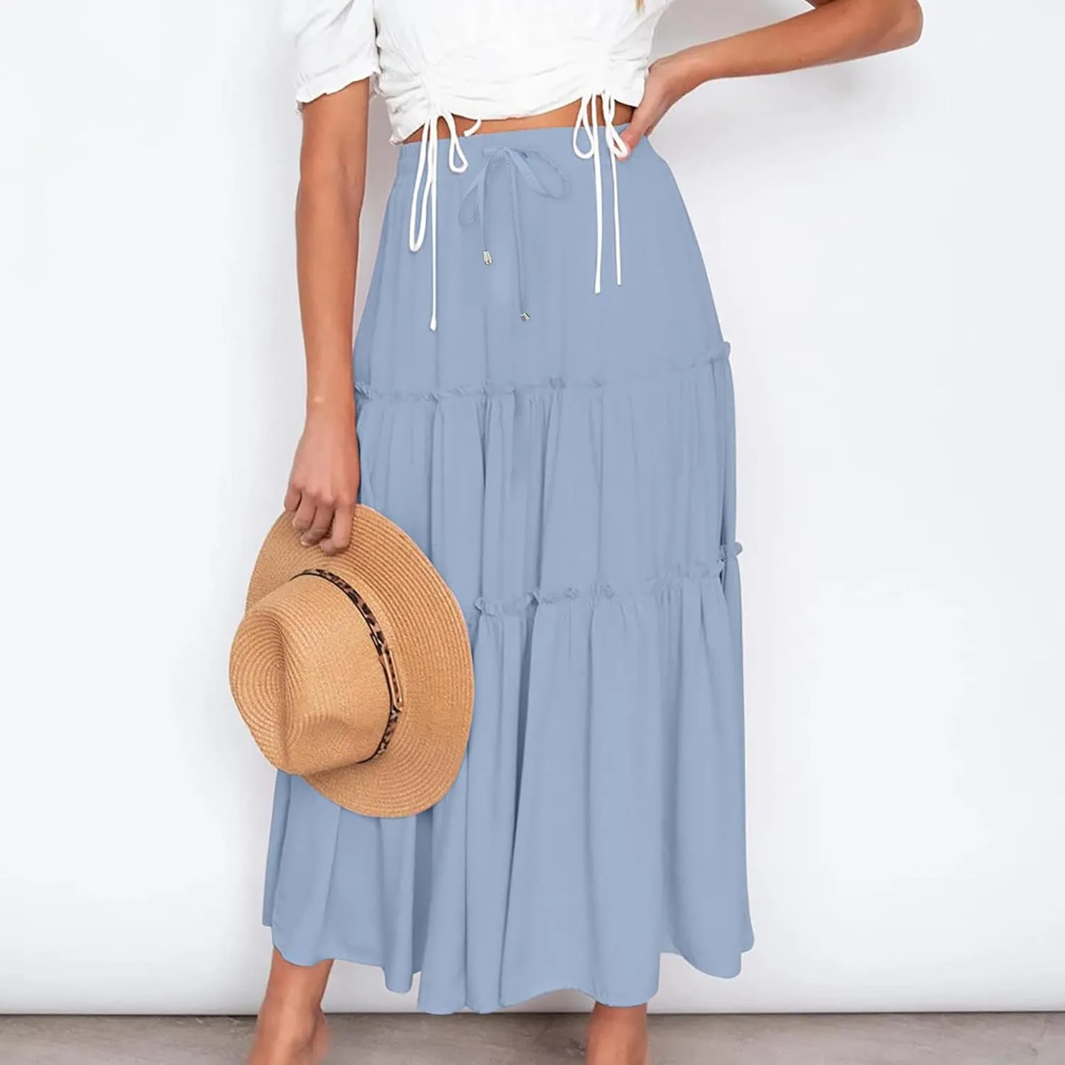 Casual Skirts for Women Midi Solid Ruffle Hem Elastic Band Skirt Pleated Going Out Elegant Skirts Versatile Style