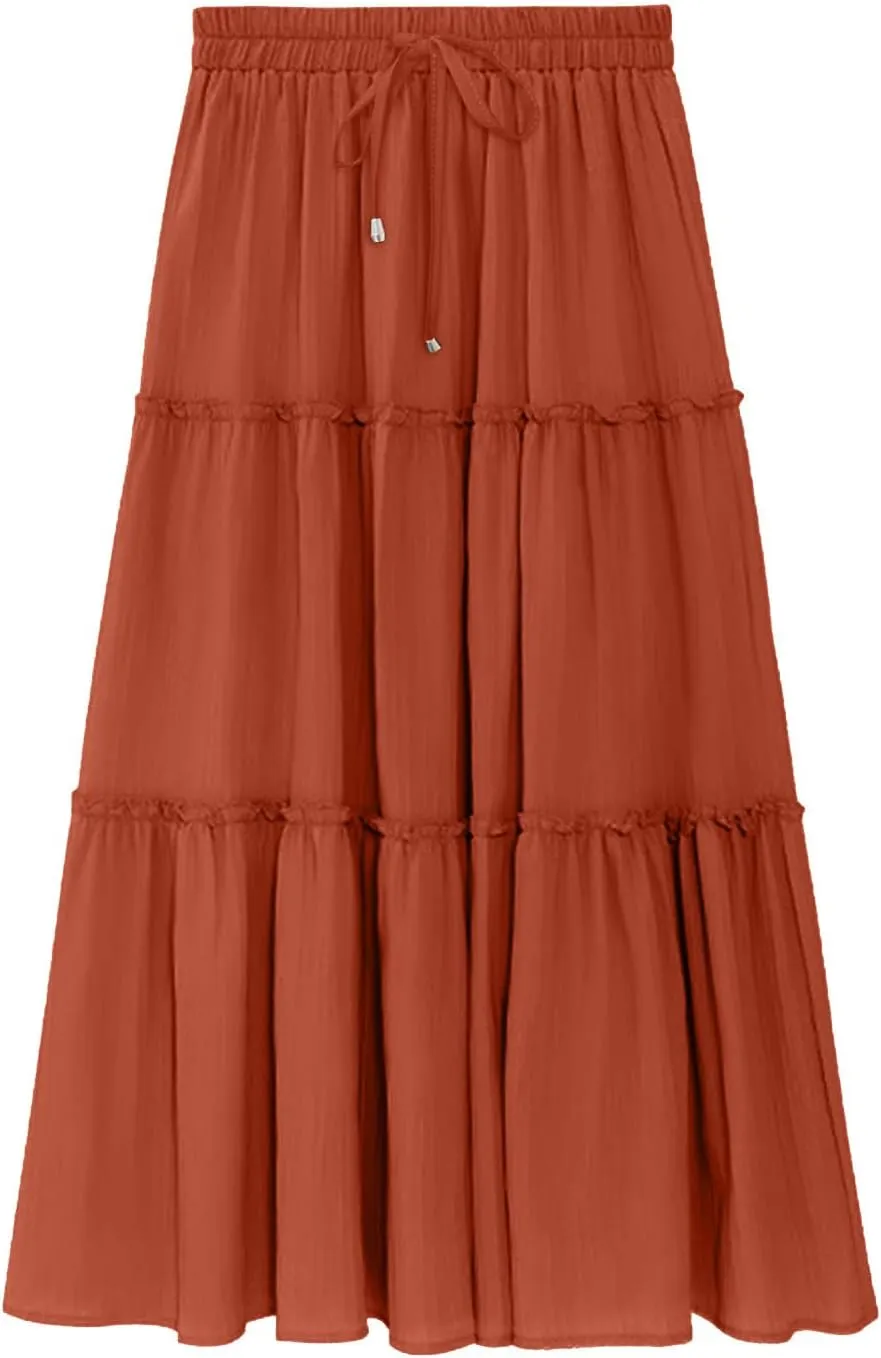 Casual Skirts for Women Midi Solid Ruffle Hem Elastic Band Skirt Pleated Going Out Elegant Skirts Versatile Style