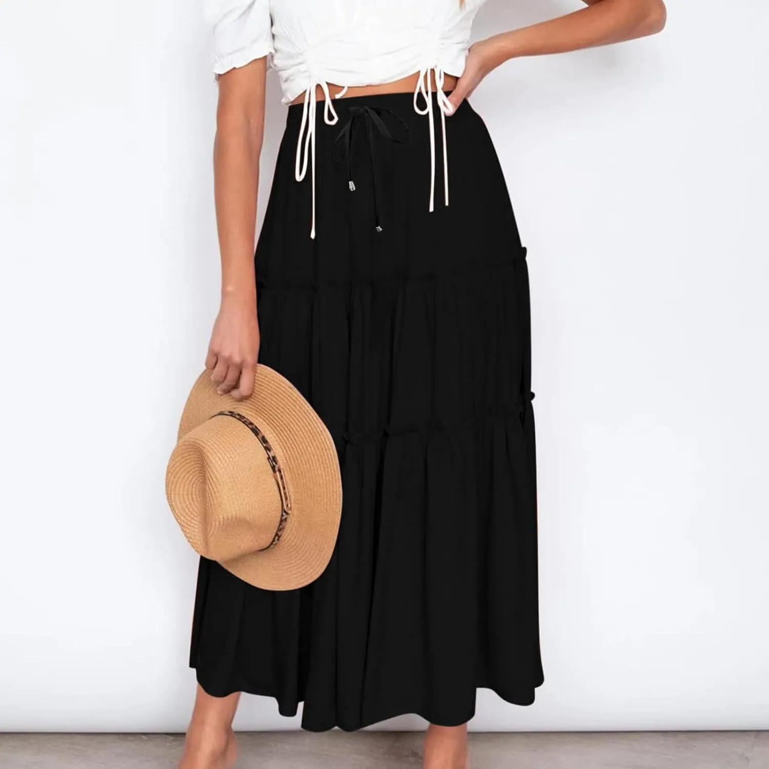 Casual Skirts for Women Midi Solid Ruffle Hem Elastic Band Skirt Pleated Going Out Elegant Skirts Versatile Style