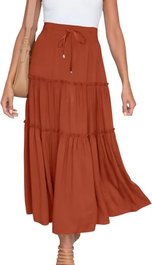 Casual Skirts for Women Midi Solid Ruffle Hem Elastic Band Skirt Pleated Going Out Elegant Skirts Versatile Style