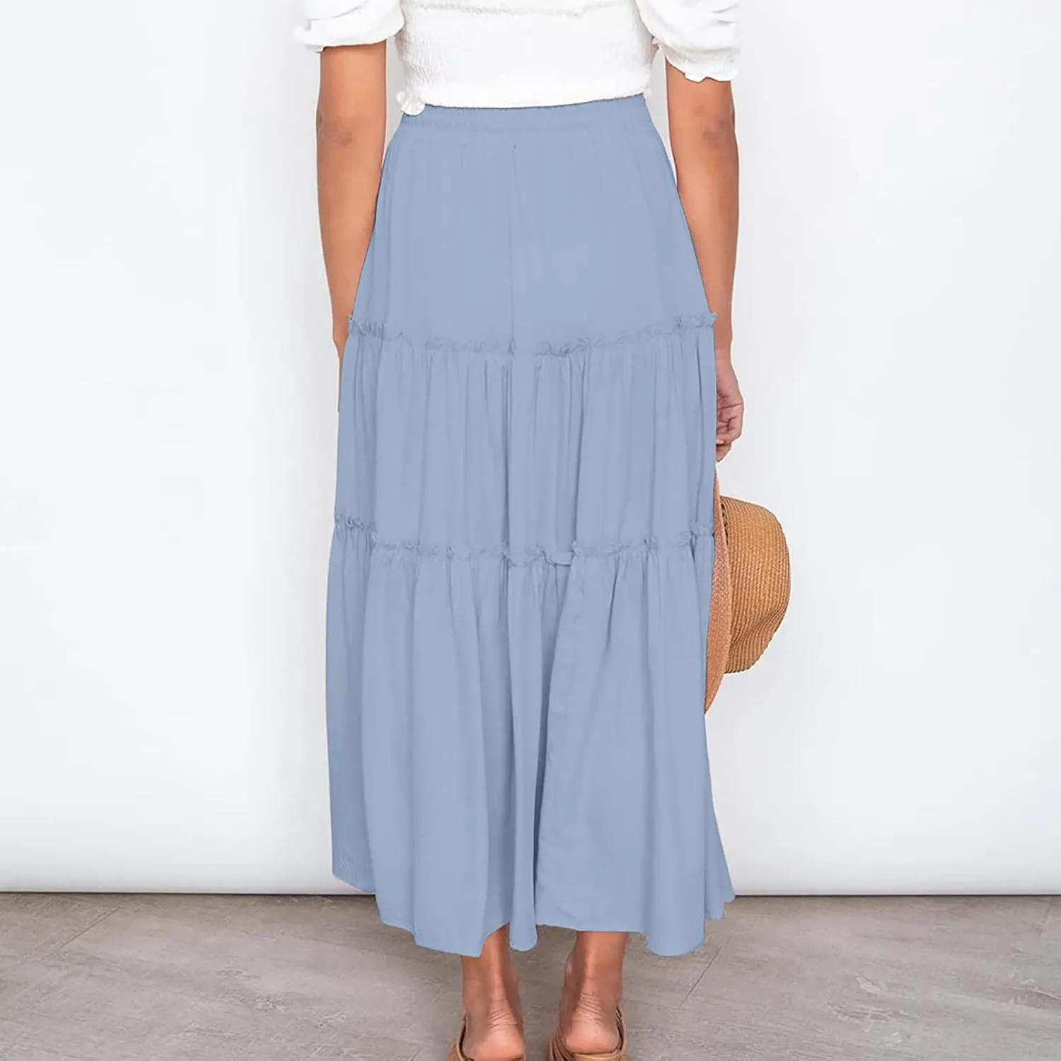 Casual Skirts for Women Midi Solid Ruffle Hem Elastic Band Skirt Pleated Going Out Elegant Skirts Versatile Style