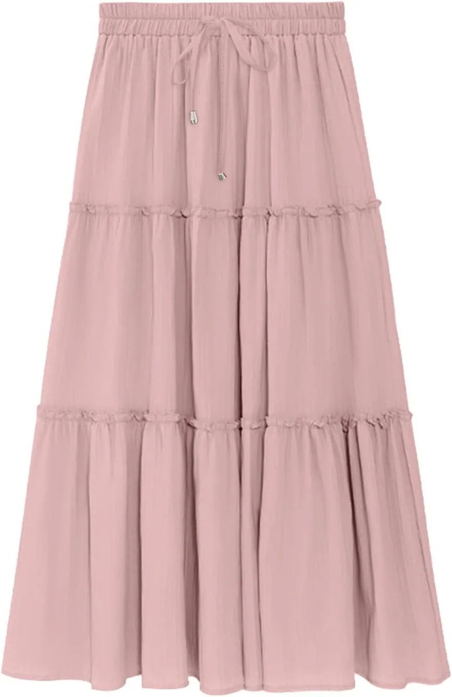 Casual Skirts for Women Midi Solid Ruffle Hem Elastic Band Skirt Pleated Going Out Elegant Skirts Versatile Style