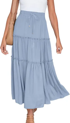 Casual Skirts for Women Midi Solid Ruffle Hem Elastic Band Skirt Pleated Going Out Elegant Skirts Versatile Style