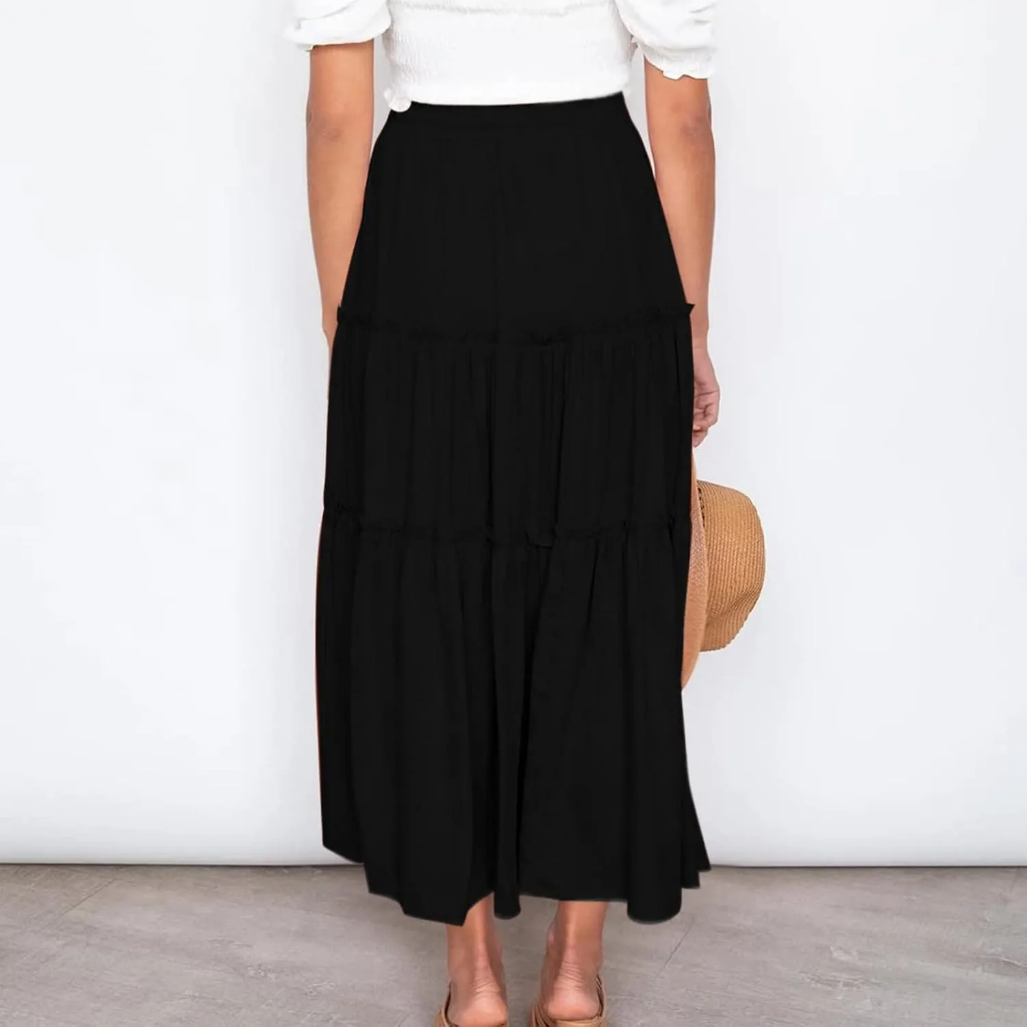 Casual Skirts for Women Midi Solid Ruffle Hem Elastic Band Skirt Pleated Going Out Elegant Skirts Versatile Style