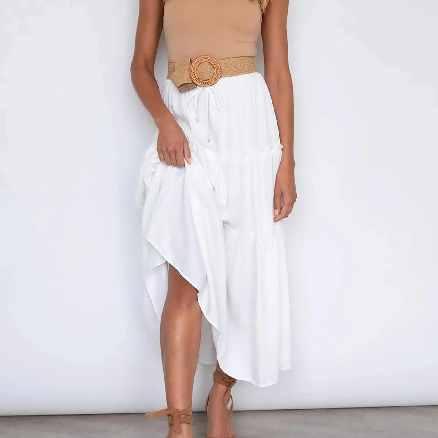 Casual Skirts for Women Midi Solid Ruffle Hem Elastic Band Skirt Pleated Going Out Elegant Skirts Versatile Style