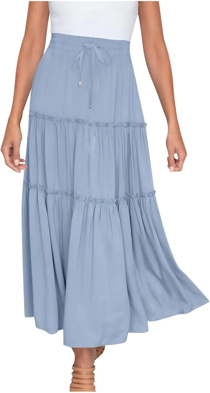 Casual Skirts for Women Midi Solid Ruffle Hem Elastic Band Skirt Pleated Going Out Elegant Skirts Versatile Style