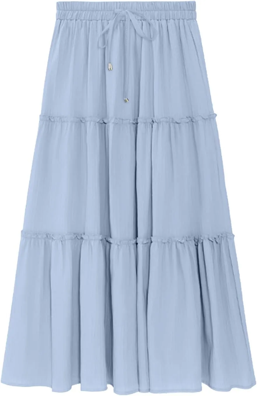 Casual Skirts for Women Midi Solid Ruffle Hem Elastic Band Skirt Pleated Going Out Elegant Skirts Versatile Style