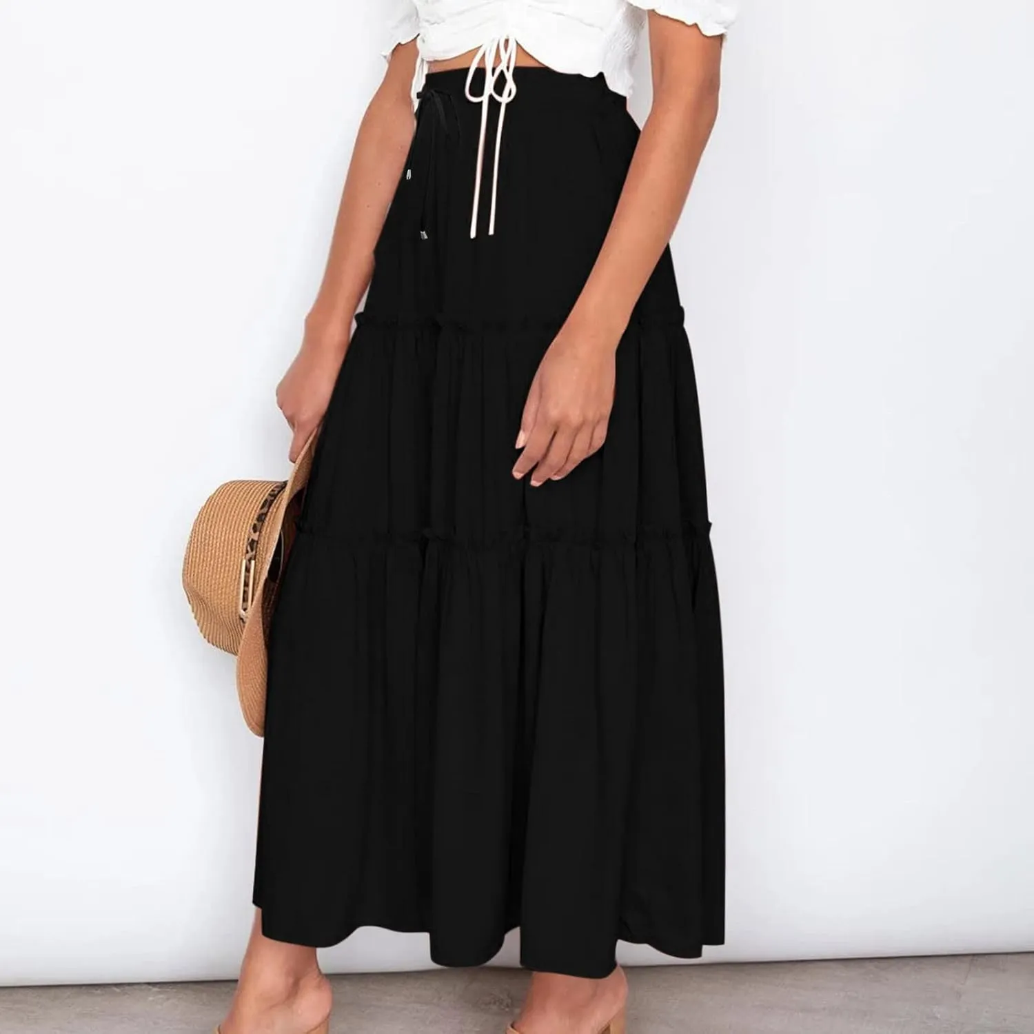 Casual Skirts for Women Midi Solid Ruffle Hem Elastic Band Skirt Pleated Going Out Elegant Skirts Versatile Style