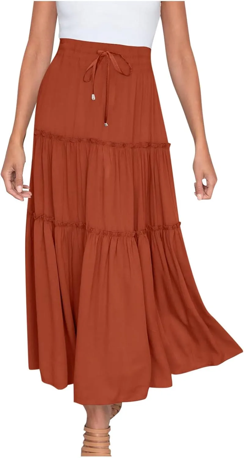 Casual Skirts for Women Midi Solid Ruffle Hem Elastic Band Skirt Pleated Going Out Elegant Skirts Versatile Style