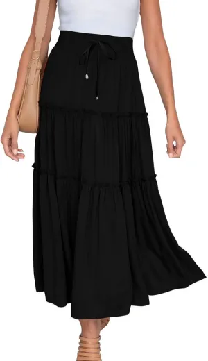 Casual Skirts for Women Midi Solid Ruffle Hem Elastic Band Skirt Pleated Going Out Elegant Skirts Versatile Style