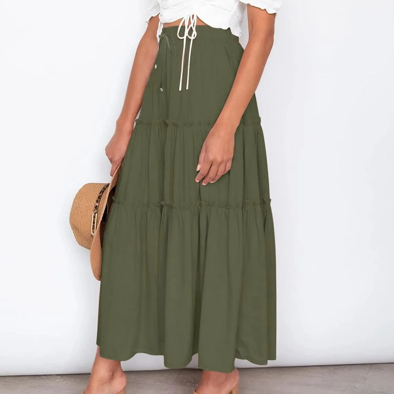 Casual Skirts for Women Midi Solid Ruffle Hem Elastic Band Skirt Pleated Going Out Elegant Skirts Versatile Style
