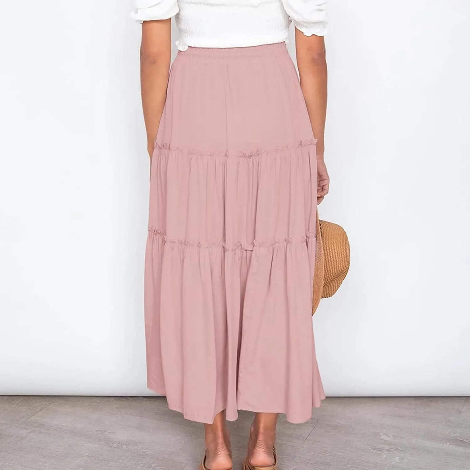 Casual Skirts for Women Midi Solid Ruffle Hem Elastic Band Skirt Pleated Going Out Elegant Skirts Versatile Style