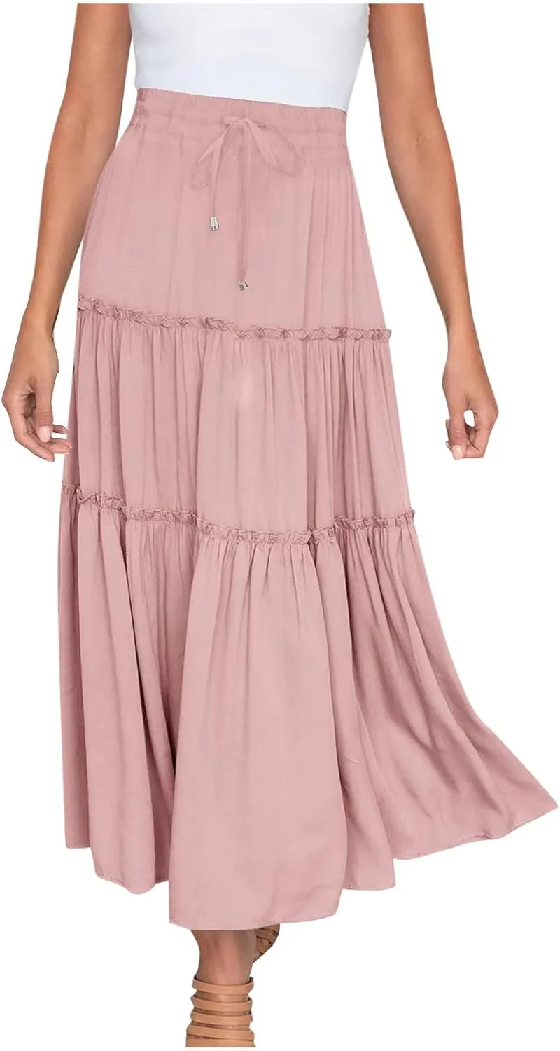 Casual Skirts for Women Midi Solid Ruffle Hem Elastic Band Skirt Pleated Going Out Elegant Skirts Versatile Style