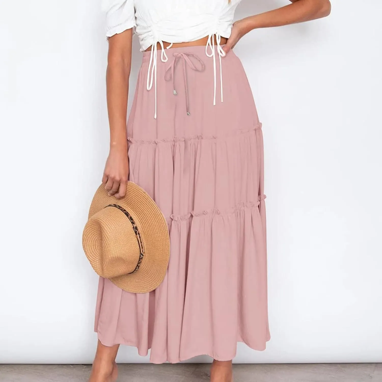 Casual Skirts for Women Midi Solid Ruffle Hem Elastic Band Skirt Pleated Going Out Elegant Skirts Versatile Style
