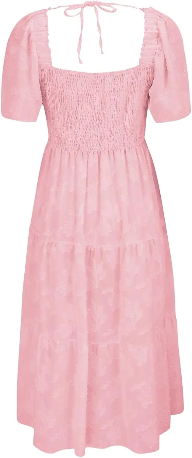 Casual Summer Dresses for Women 2025,Women's Cotton Summer Boho Floral Printed Midi Dresses Elegant Square Neck Dress