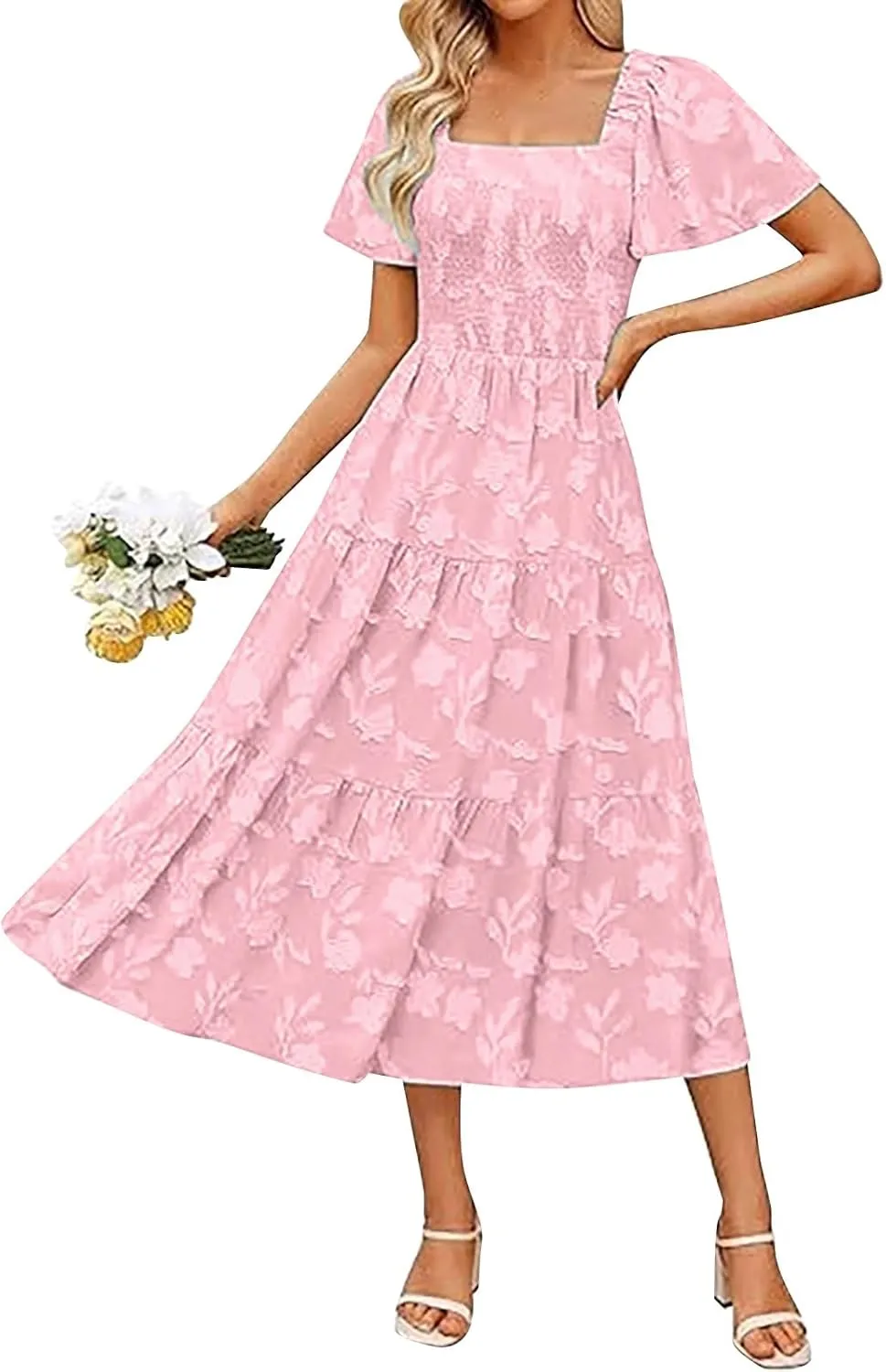Casual Summer Dresses for Women 2025,Women's Cotton Summer Boho Floral Printed Midi Dresses Elegant Square Neck Dress