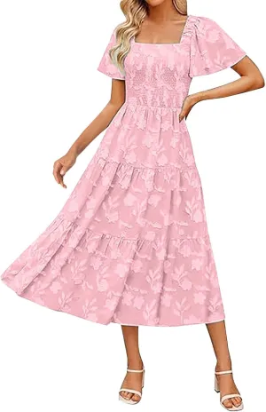 Casual Summer Dresses for Women 2025,Women's Cotton Summer Boho Floral Printed Midi Dresses Elegant Square Neck Dress