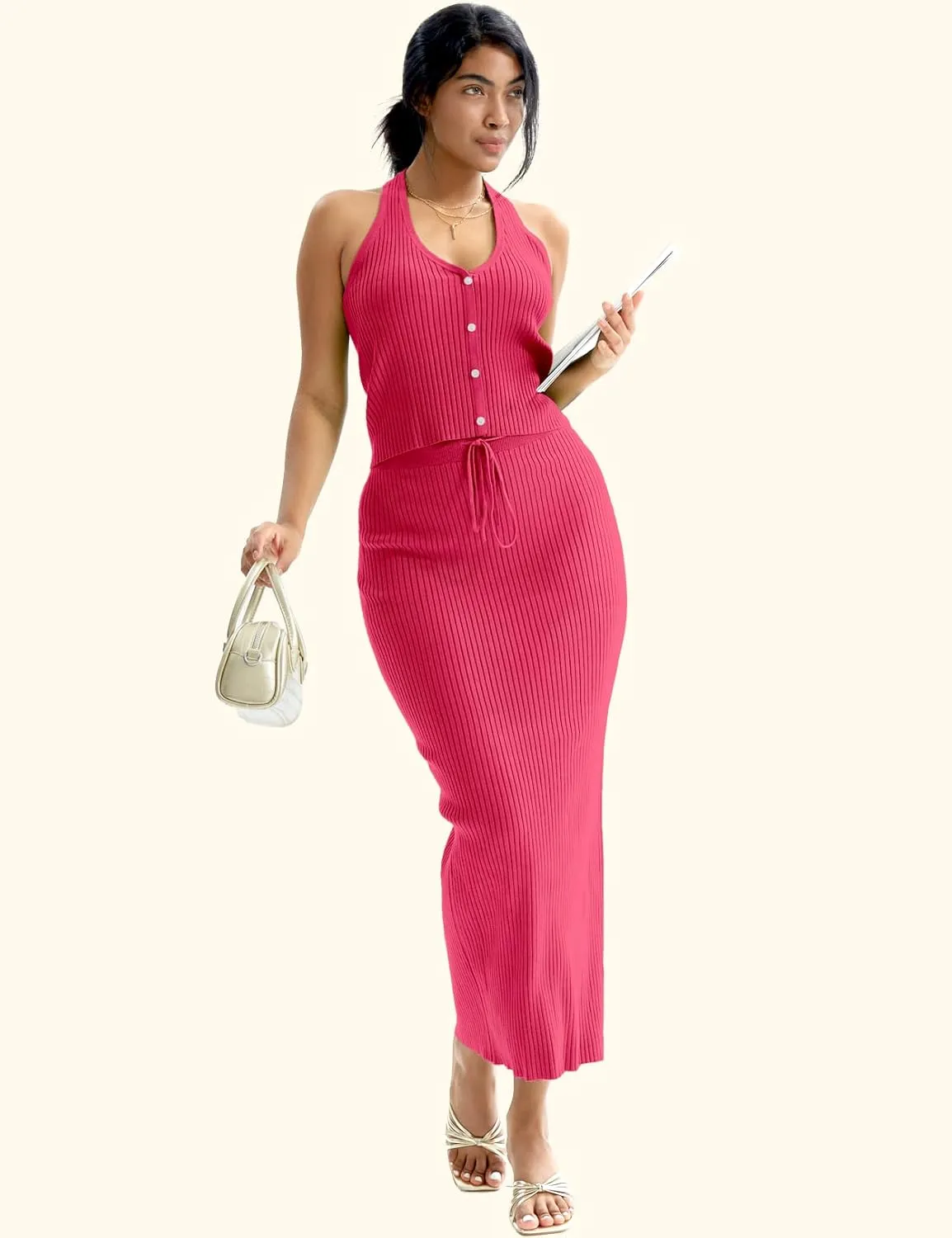 CHERFLY Womens 2 Piece Outfits 2025 Summer Sweater Skirt Sets Halter Top Midi Bodycon Dress
