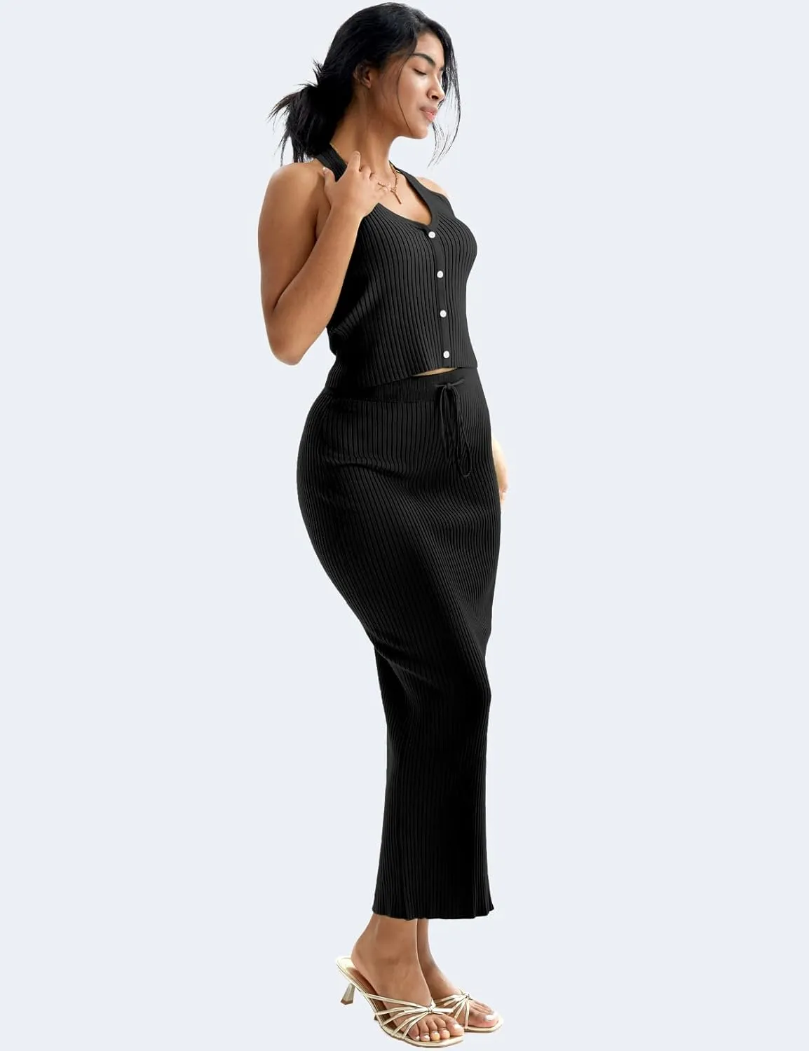 CHERFLY Womens 2 Piece Outfits 2025 Summer Sweater Skirt Sets Halter Top Midi Bodycon Dress