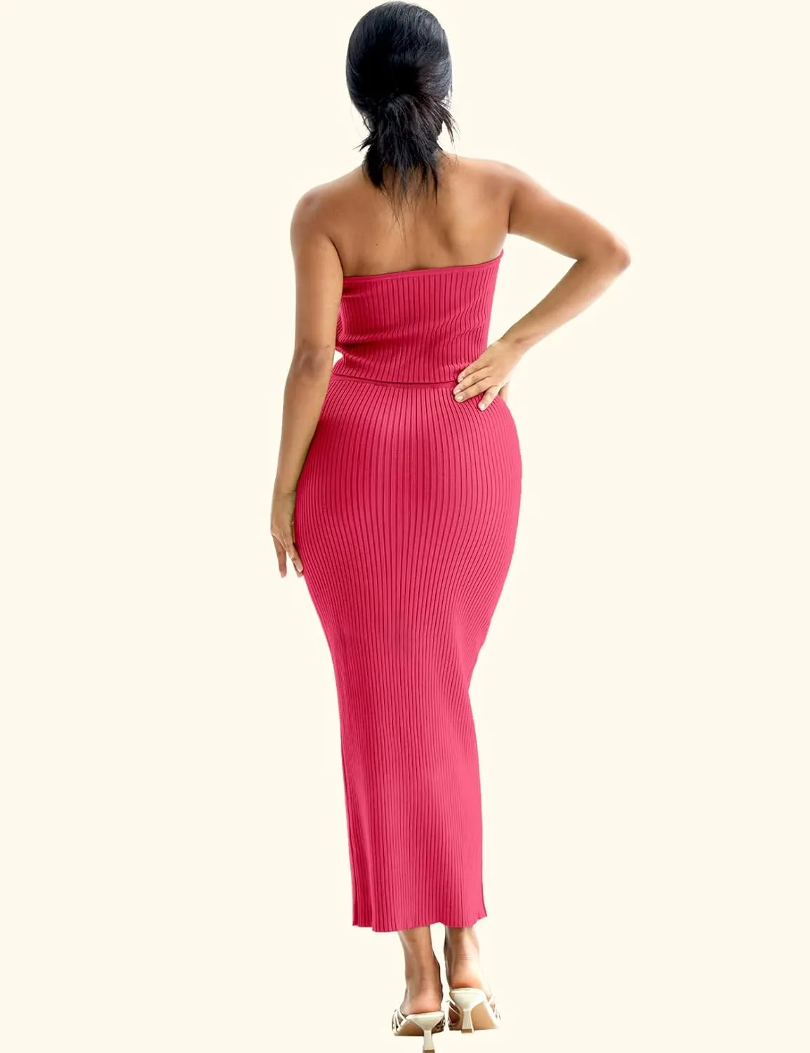 CHERFLY Womens 2 Piece Outfits 2025 Summer Sweater Skirt Sets Halter Top Midi Bodycon Dress