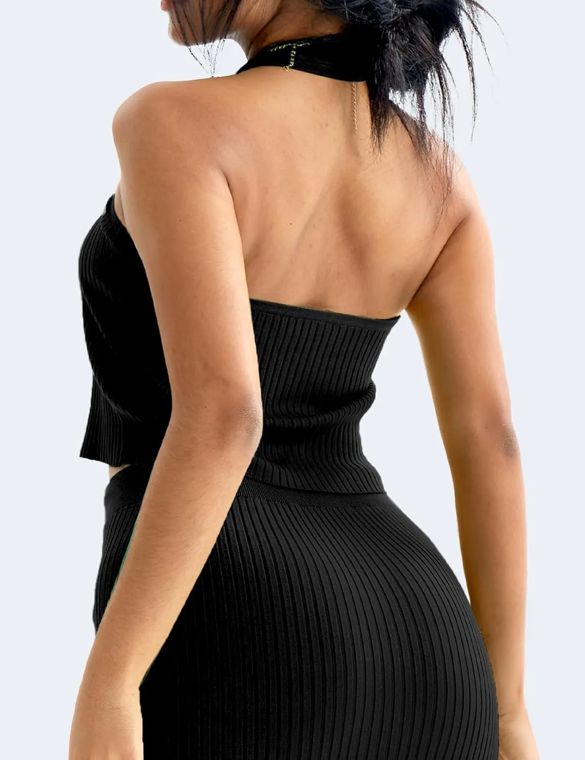 CHERFLY Womens 2 Piece Outfits 2025 Summer Sweater Skirt Sets Halter Top Midi Bodycon Dress