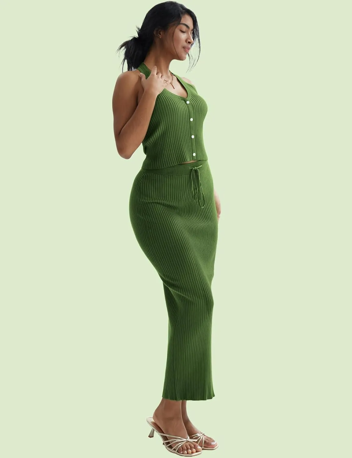 CHERFLY Womens 2 Piece Outfits 2025 Summer Sweater Skirt Sets Halter Top Midi Bodycon Dress